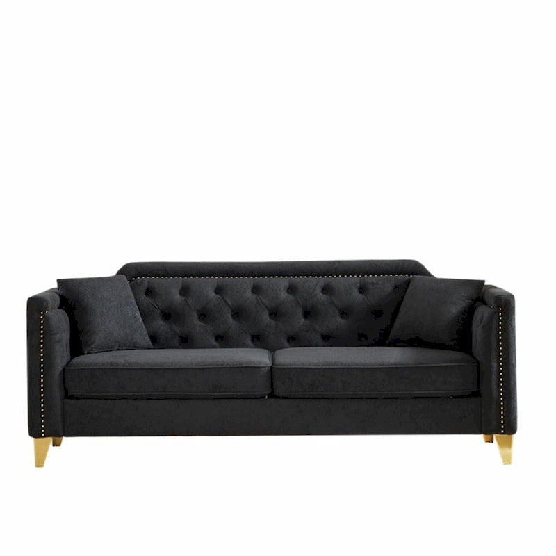 Divano Mid-Century Modern in ciniglia con gambe in metallo dorato e cuscini