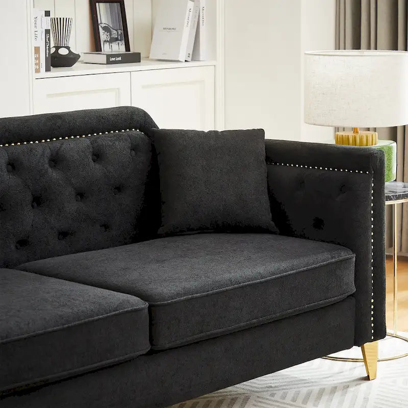 Divano Mid-Century Modern in ciniglia con gambe in metallo dorato e cuscini