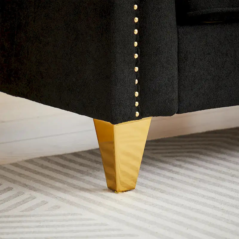 Divano Mid-Century Modern in ciniglia con gambe in metallo dorato e cuscini