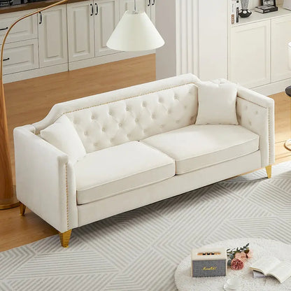 Divano Mid-Century Modern in ciniglia con gambe in metallo dorato e cuscini