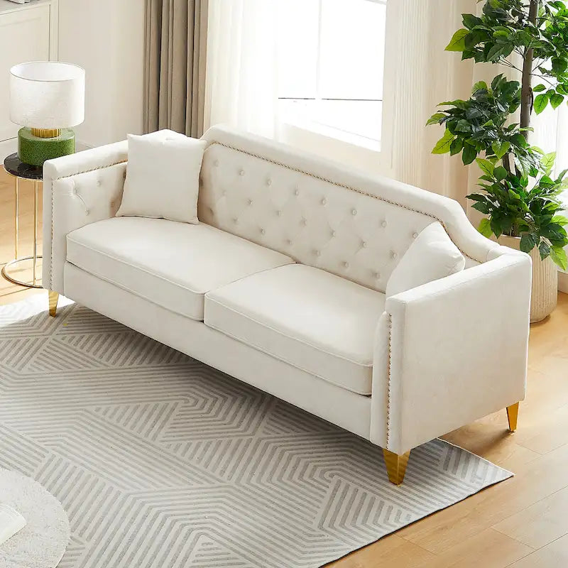 Divano Mid-Century Modern in ciniglia con gambe in metallo dorato e cuscini