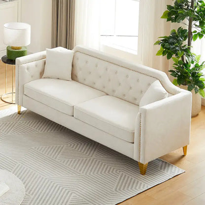 Divano Mid-Century Modern in ciniglia con gambe in metallo dorato e cuscini
