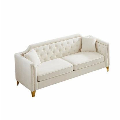 Divano Mid-Century Modern in ciniglia con gambe in metallo dorato e cuscini