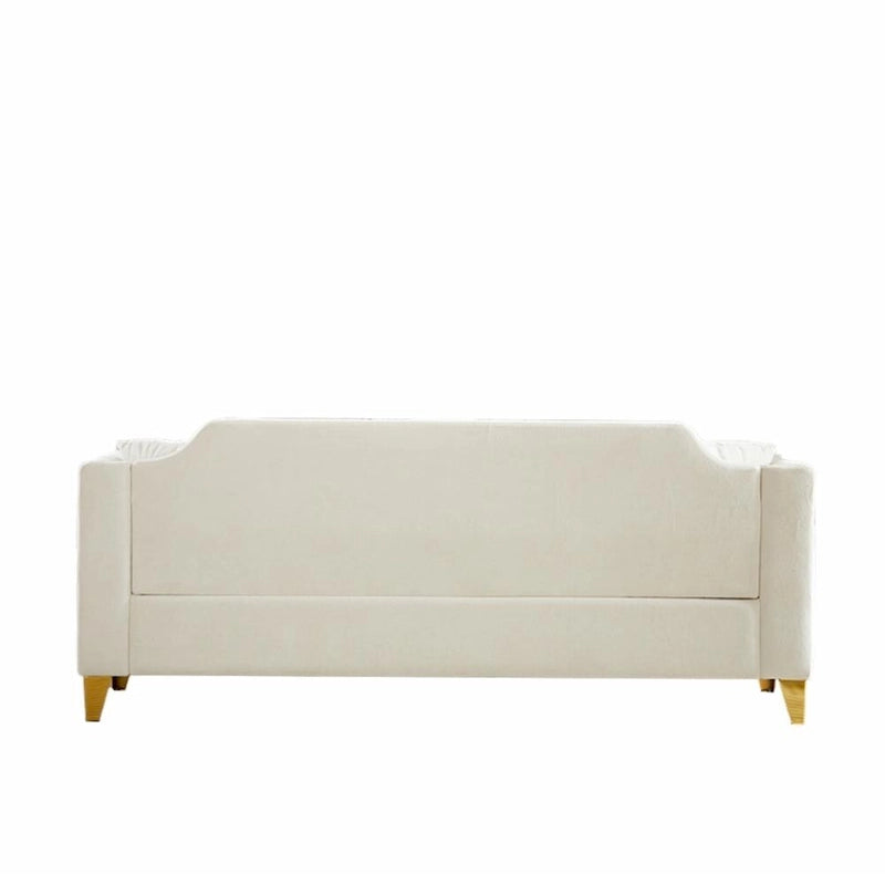 Divano Mid-Century Modern in ciniglia con gambe in metallo dorato e cuscini