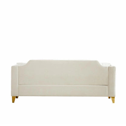 Divano Mid-Century Modern in ciniglia con gambe in metallo dorato e cuscini