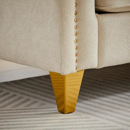 Divano Mid-Century Modern in ciniglia con gambe in metallo dorato e cuscini