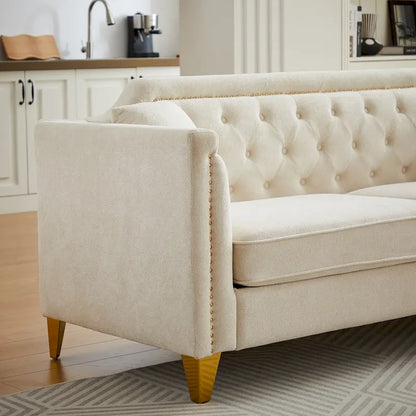 Divano Mid-Century Modern in ciniglia con gambe in metallo dorato e cuscini