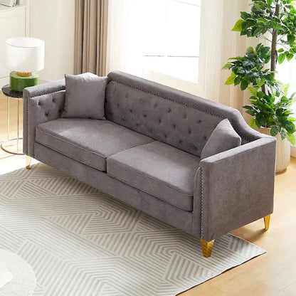 Divano Mid-Century Modern in ciniglia con gambe in metallo dorato e cuscini