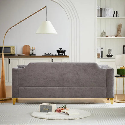 Divano Mid-Century Modern in ciniglia con gambe in metallo dorato e cuscini