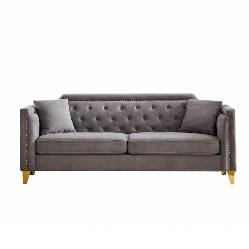 Divano Mid-Century Modern in ciniglia con gambe in metallo dorato e cuscini