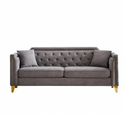 Divano Mid-Century Modern in ciniglia con gambe in metallo dorato e cuscini