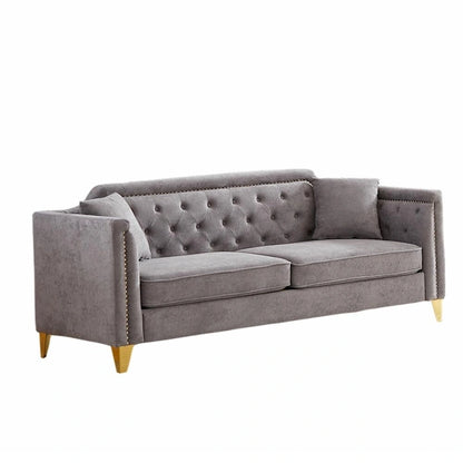 Divano Mid-Century Modern in ciniglia con gambe in metallo dorato e cuscini