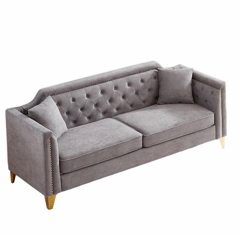 Divano Mid-Century Modern in ciniglia con gambe in metallo dorato e cuscini