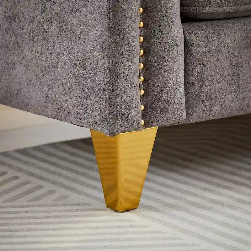 Divano Mid-Century Modern in ciniglia con gambe in metallo dorato e cuscini