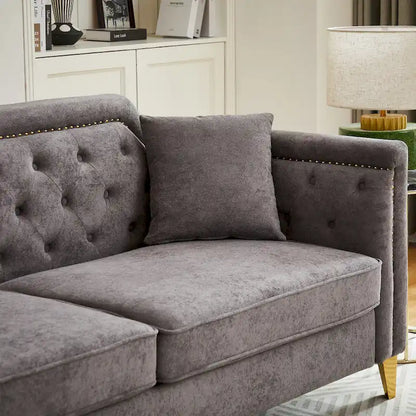 Divano Mid-Century Modern in ciniglia con gambe in metallo dorato e cuscini