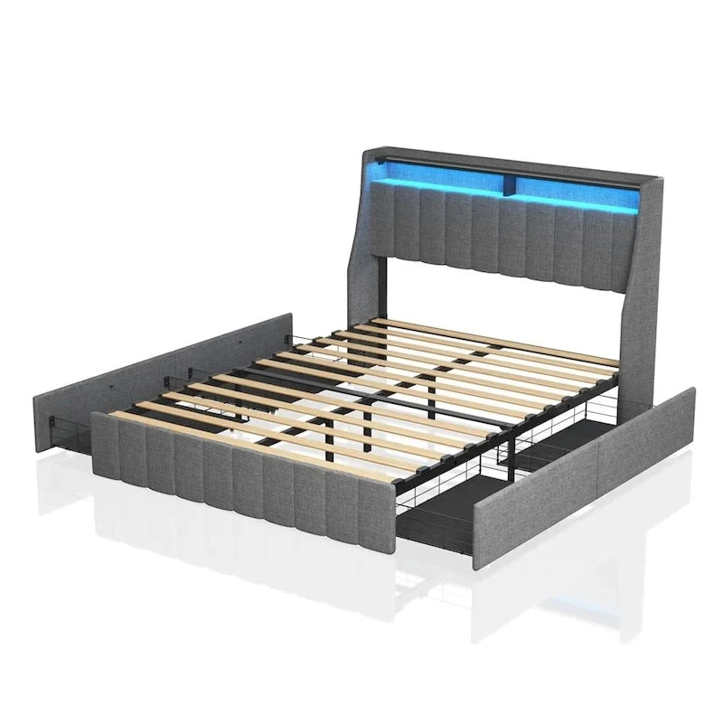 Light Grey Full Size Platform Bed with LED and Storage Drawers