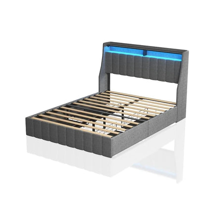 Light Grey Full Size Platform Bed with LED and Storage Drawers