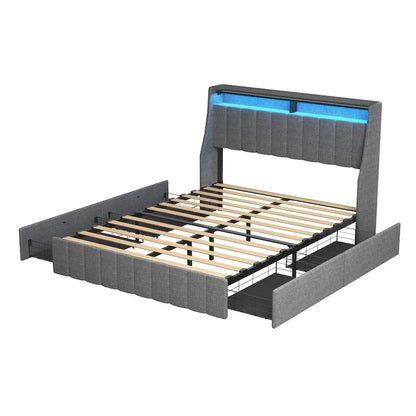 Light Grey Full Size Platform Bed with LED and Storage Drawers