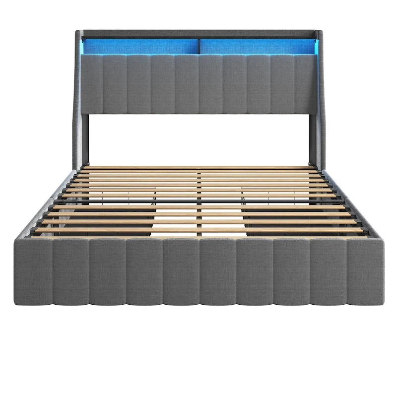 Light Grey Full Size Platform Bed with LED and Storage Drawers