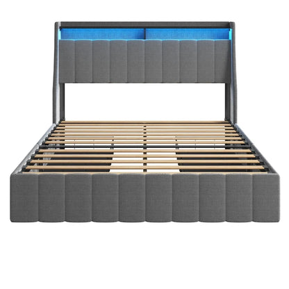 Light Grey Full Size Platform Bed with LED and Storage Drawers