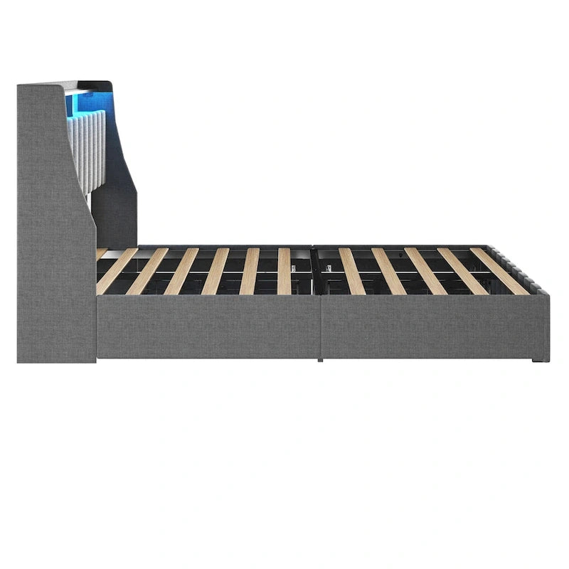 Light Grey Full Size Platform Bed with LED and Storage Drawers