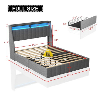 Light Grey Full Size Platform Bed with LED and Storage Drawers