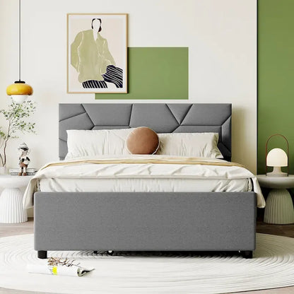 Grey Linen Platform Bed with Brick Pattern Headboard & Trundle – No Box Spring Needed