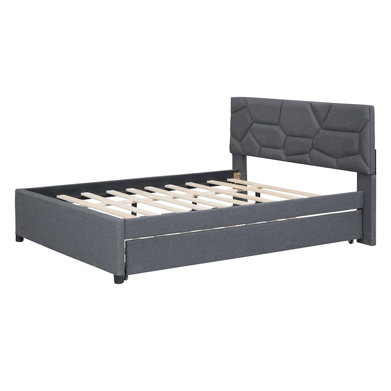 Grey Linen Platform Bed with Brick Pattern Headboard & Trundle – No Box Spring Needed