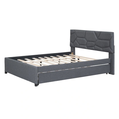 Grey Linen Platform Bed with Brick Pattern Headboard & Trundle – No Box Spring Needed