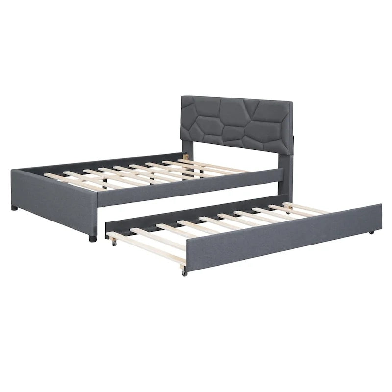 Grey Linen Platform Bed with Brick Pattern Headboard & Trundle – No Box Spring Needed