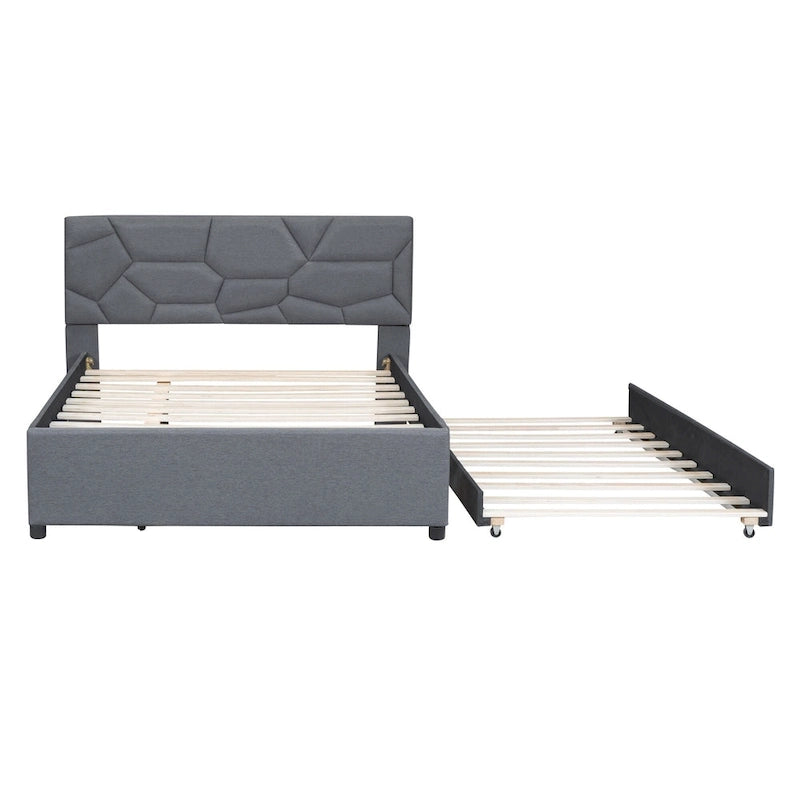 Grey Linen Platform Bed with Brick Pattern Headboard & Trundle – No Box Spring Needed
