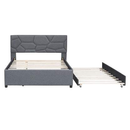 Grey Linen Platform Bed with Brick Pattern Headboard & Trundle – No Box Spring Needed