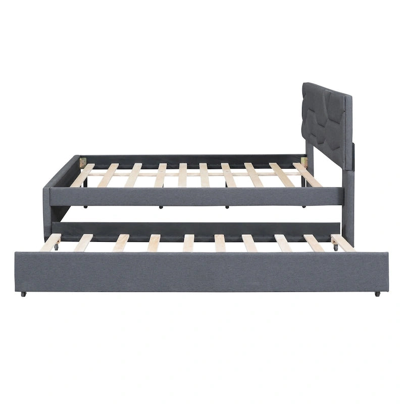Grey Linen Platform Bed with Brick Pattern Headboard & Trundle – No Box Spring Needed