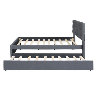 Grey Linen Platform Bed with Brick Pattern Headboard & Trundle – No Box Spring Needed