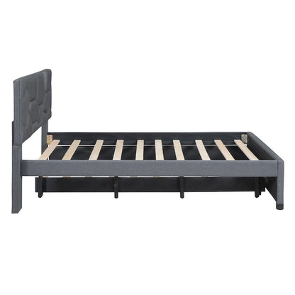 Grey Linen Platform Bed with Brick Pattern Headboard & Trundle – No Box Spring Needed