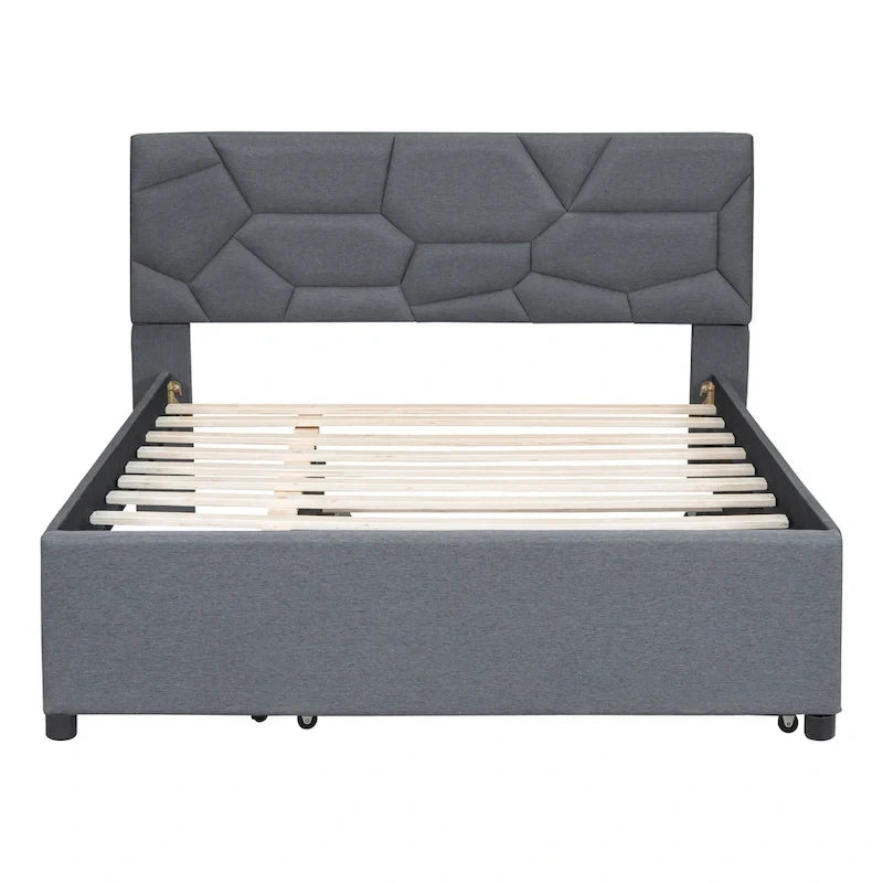 Grey Linen Platform Bed with Brick Pattern Headboard & Trundle – No Box Spring Needed