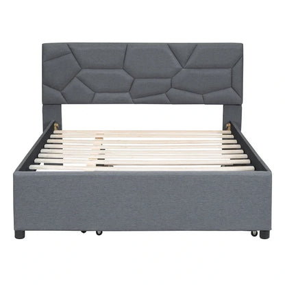 Grey Linen Platform Bed with Brick Pattern Headboard & Trundle – No Box Spring Needed