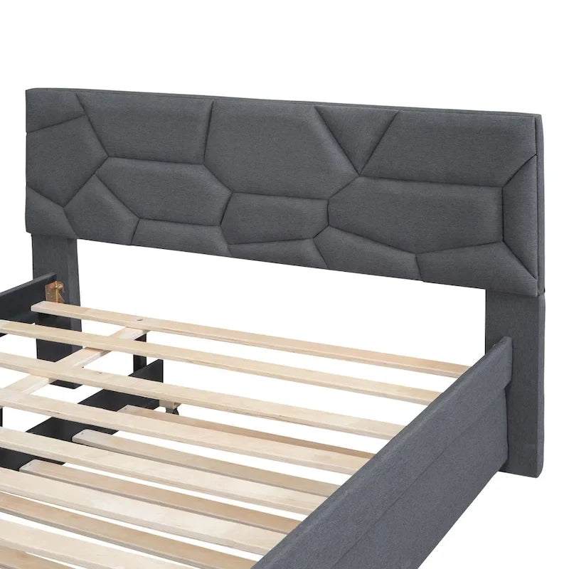 Grey Linen Platform Bed with Brick Pattern Headboard & Trundle – No Box Spring Needed