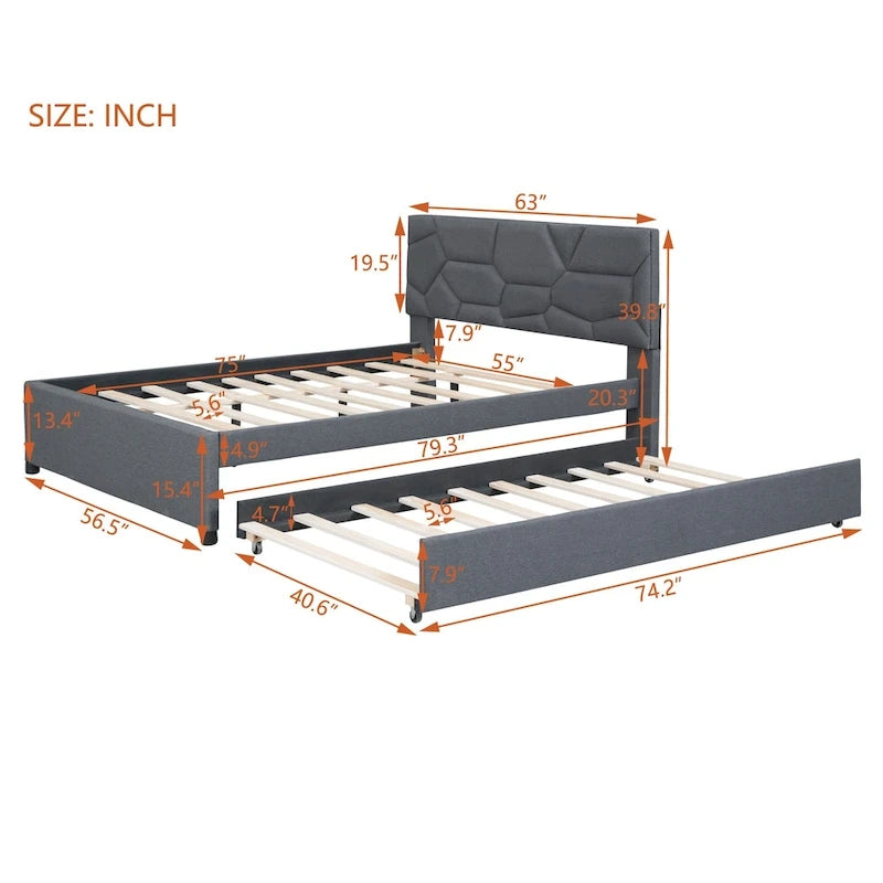 Grey Linen Platform Bed with Brick Pattern Headboard & Trundle – No Box Spring Needed