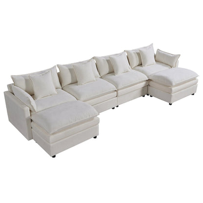 Ampio divano sezionale a U in ciniglia da 142,52" con doppi cuscini, chaise longue trasformabile e pouf poggiapiedi