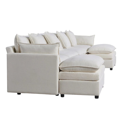 Ampio divano sezionale a U in ciniglia da 142,52" con doppi cuscini, chaise longue trasformabile e pouf poggiapiedi