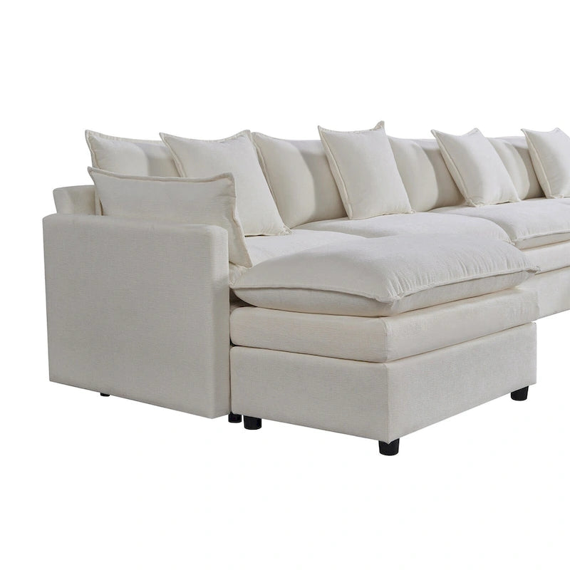 Ampio divano sezionale a U in ciniglia da 142,52" con doppi cuscini, chaise longue trasformabile e pouf poggiapiedi