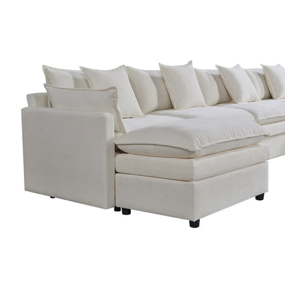Ampio divano sezionale a U in ciniglia da 142,52" con doppi cuscini, chaise longue trasformabile e pouf poggiapiedi