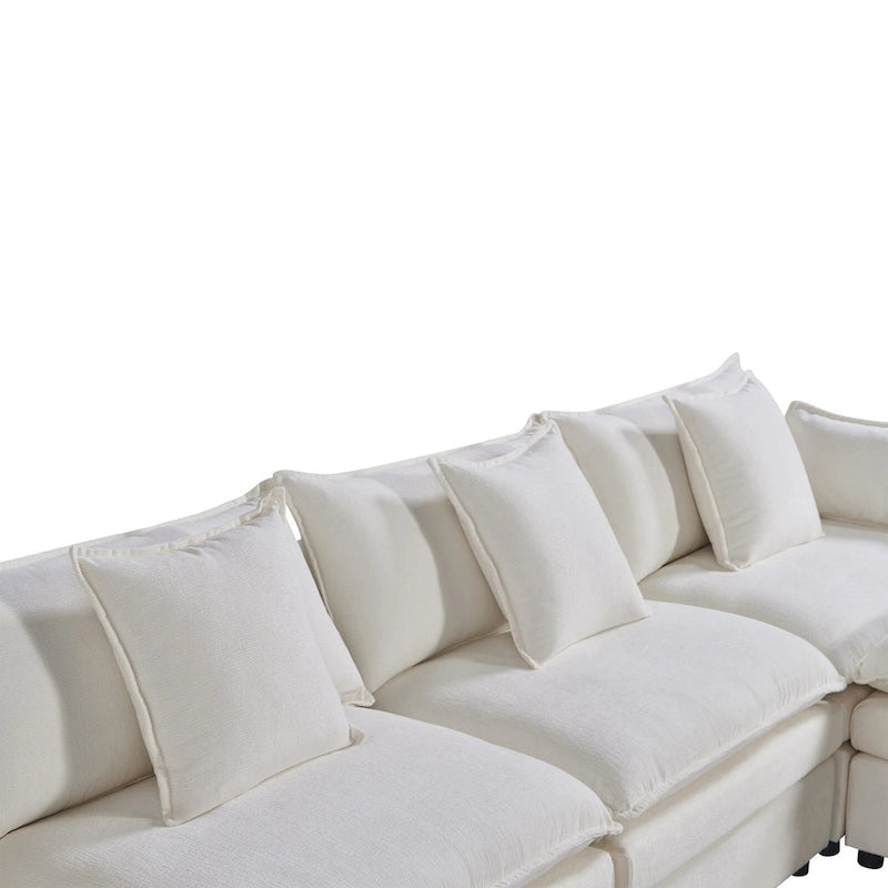 Ampio divano sezionale a U in ciniglia da 142,52" con doppi cuscini, chaise longue trasformabile e pouf poggiapiedi