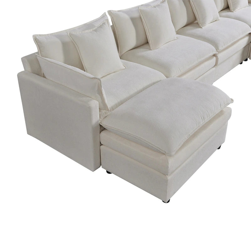 Ampio divano sezionale a U in ciniglia da 142,52" con doppi cuscini, chaise longue trasformabile e pouf poggiapiedi