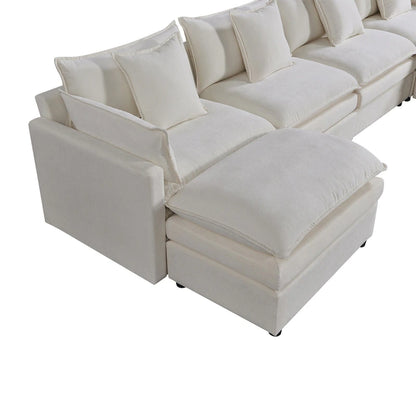 Ampio divano sezionale a U in ciniglia da 142,52" con doppi cuscini, chaise longue trasformabile e pouf poggiapiedi