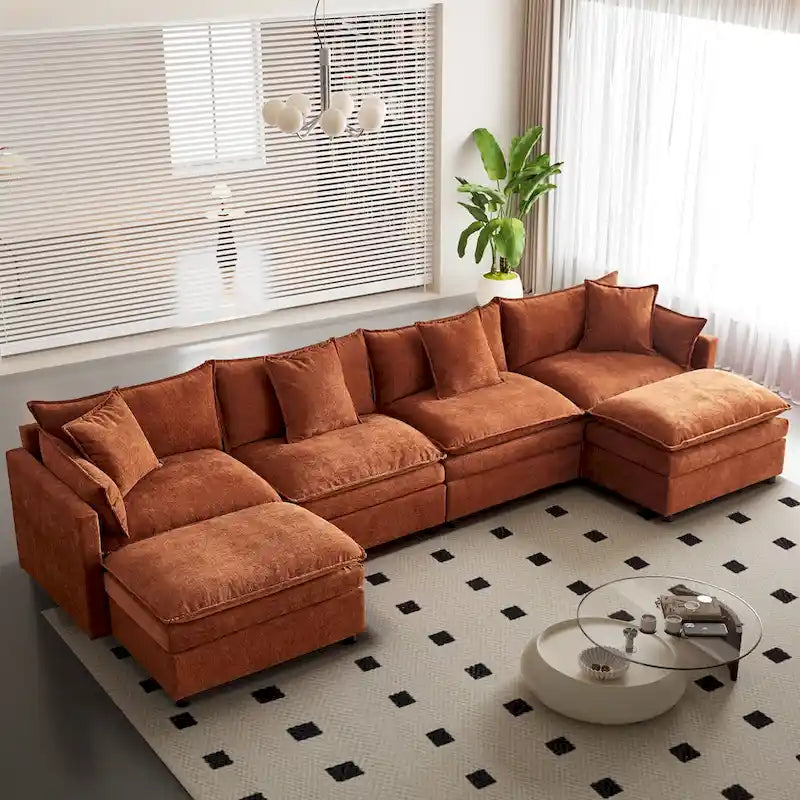 Ampio divano sezionale a U in ciniglia da 142,52" con doppi cuscini, chaise longue trasformabile e pouf poggiapiedi
