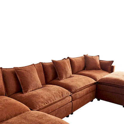 Ampio divano sezionale a U in ciniglia da 142,52" con doppi cuscini, chaise longue trasformabile e pouf poggiapiedi
