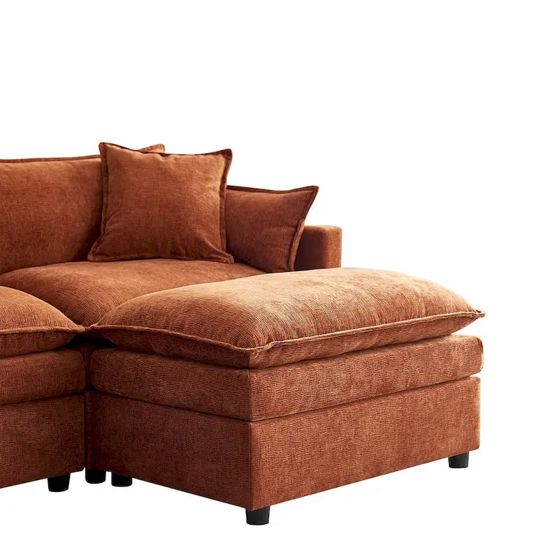 Ampio divano sezionale a U in ciniglia da 142,52" con doppi cuscini, chaise longue trasformabile e pouf poggiapiedi