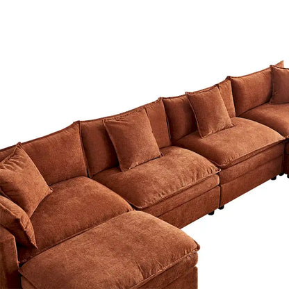 Ampio divano sezionale a U in ciniglia da 142,52" con doppi cuscini, chaise longue trasformabile e pouf poggiapiedi